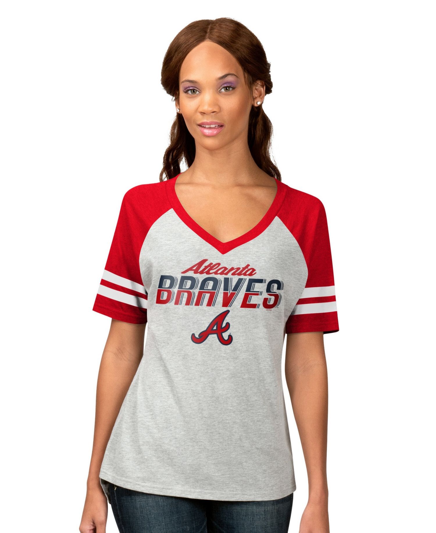 Women's Heather Gray Atlanta Braves Goal Line Raglan V-Neck T-Shirt