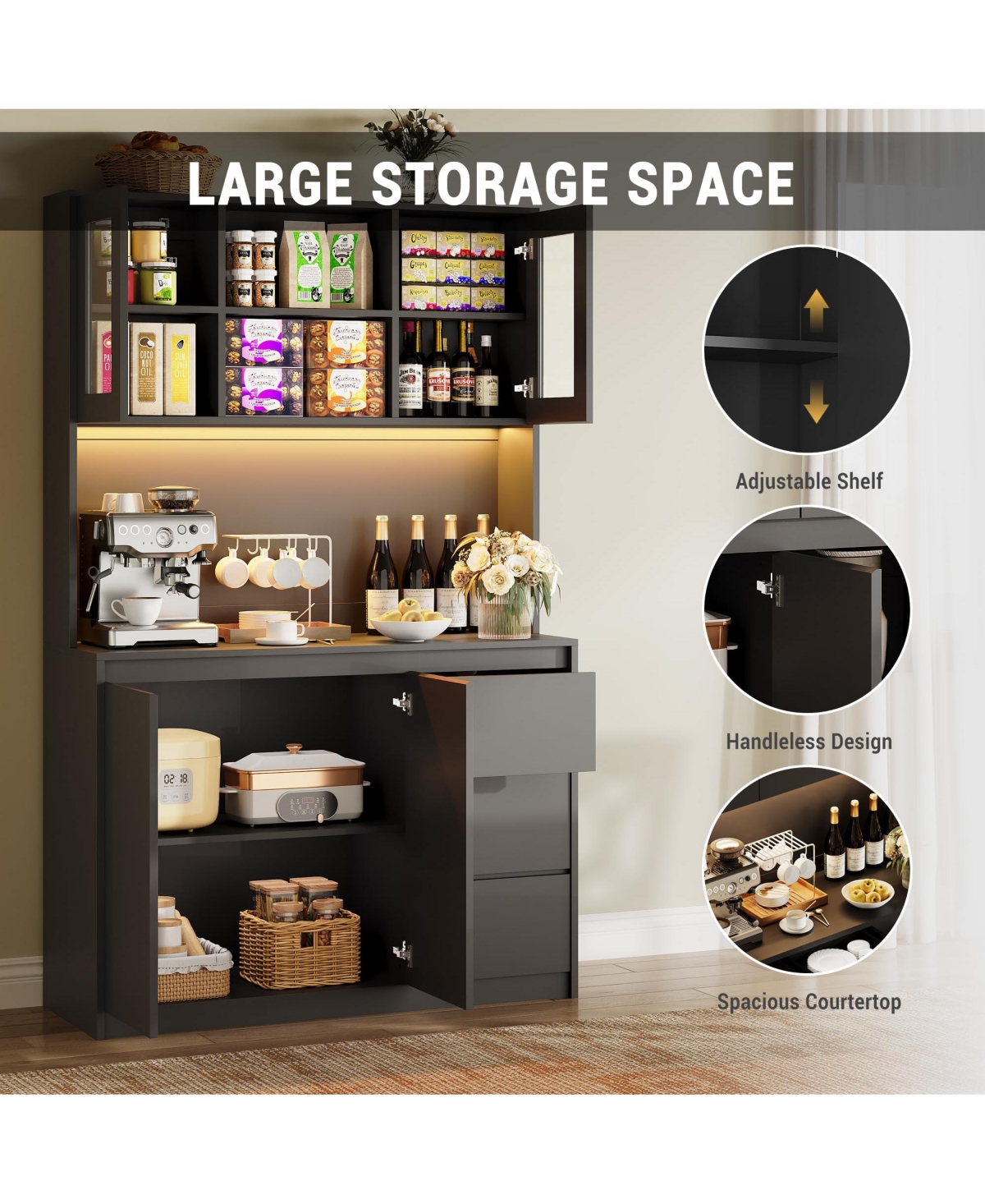 homfan Tall Kitchen Pantry Cabinet with Led Light and Charging Station Storage Hutch Microwave Shelf for Living Room