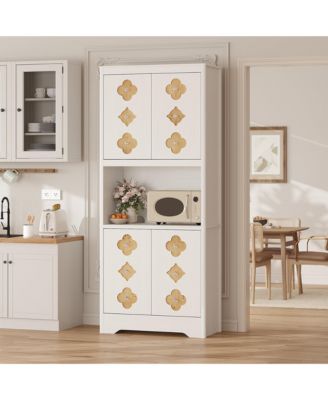 Pantry Cabinet with Carved Door, 72" Tall Kitchen Hutch Storage Cabinet with Countertop for Microwave,Freestanding Wooden Cupboard