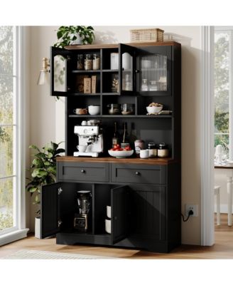 71" Tall Pantry Cabinet with Charging Station, Fluted Glass and Drawers, Farmhouse Kitchen Hutch for Living Room