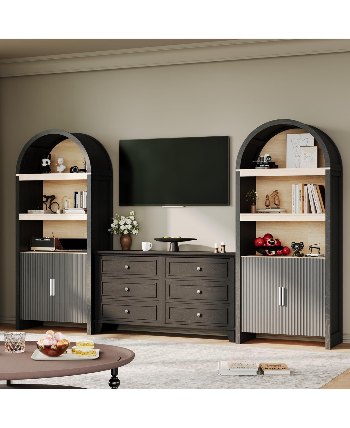 homfan 71" Tall Arched Bookshelf Cabinet, 5-Tier Bookcase with Mid-Century Doors and Open Shelves, Adjustable Storage for Office Living Room