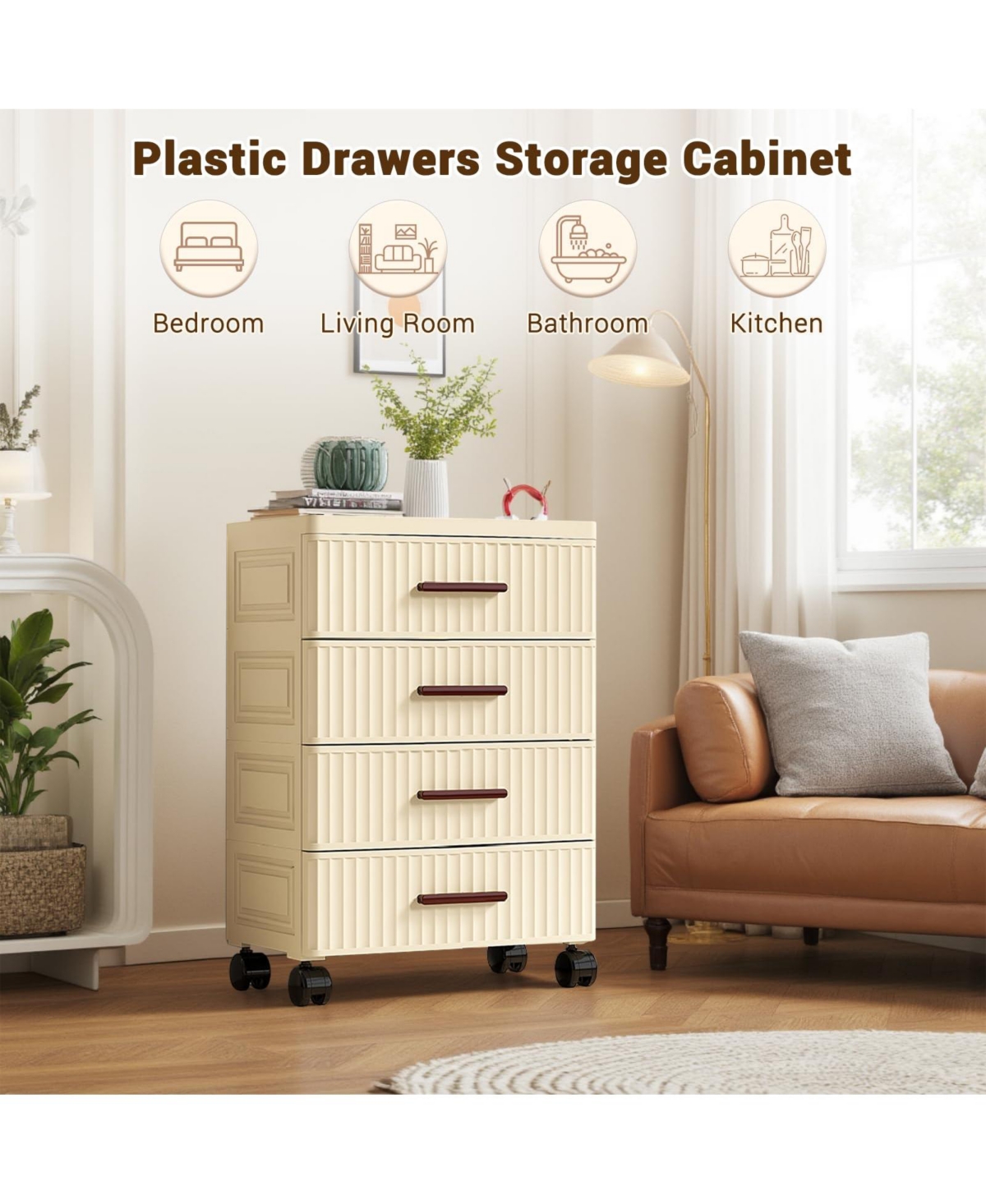 homfan Plastic Storage Drawer Cart, Pull Out Home Organization Storage Container Rolling Bin Vertical Storage Unit for Bedroom Living Room Office