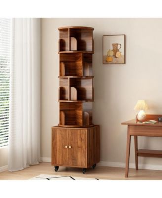 360 Degree Rotating Display Cabinet 5 Tier Corner Bookshelf with Drawer