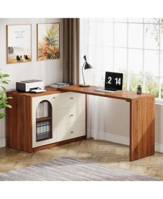 L Shaped Computer Desk with Drawers, Modern Corner Home Office Desk with Reversible Storage Cabinet, Long Study Writing Desk Workstation