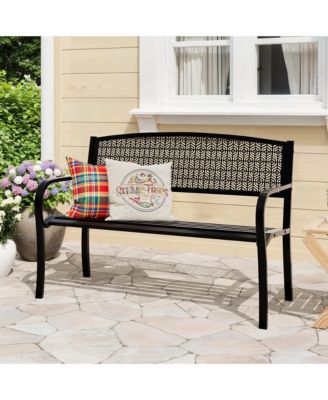 50" Outdoor Metal Garden Bench, Patio Steel Bench with Curved Backrest, Decorative Pattern, Weather-Resistant Porch Bench for Yard, Park