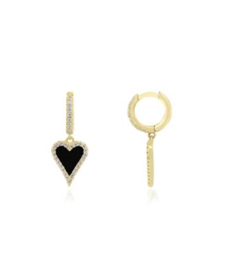 Mini Onyx CZ Halo Heart Dangle Earrings 14K Gold-Plated Sterling Silver