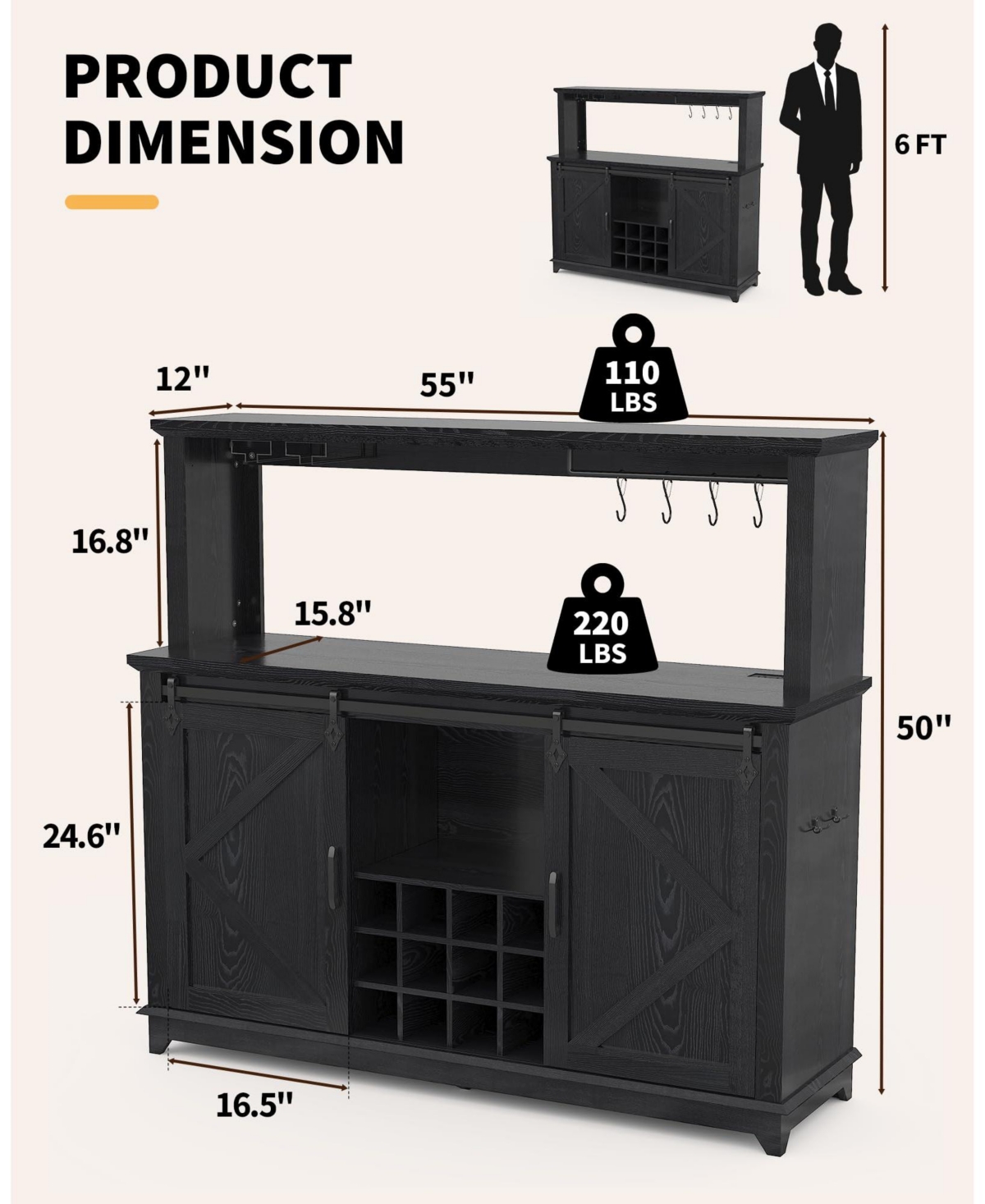 homfan 55 Inch 2-Tier Farmhouse Coffee Bar Cabinet with Power Outlet, Led Light, Removable Wine Rack, Sliding Barn Door, Buffet