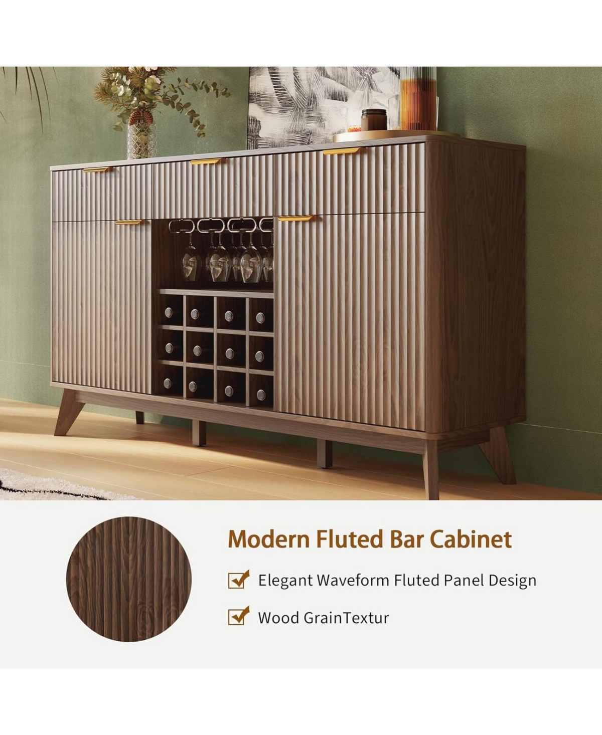 homfan 60" Wide Fluted Wine Bar Cabinet with 2 Side Cabinets, 3 Drawers, 4 Glass Holders and 12 Racks, Modern Buffet Sideboard Storage