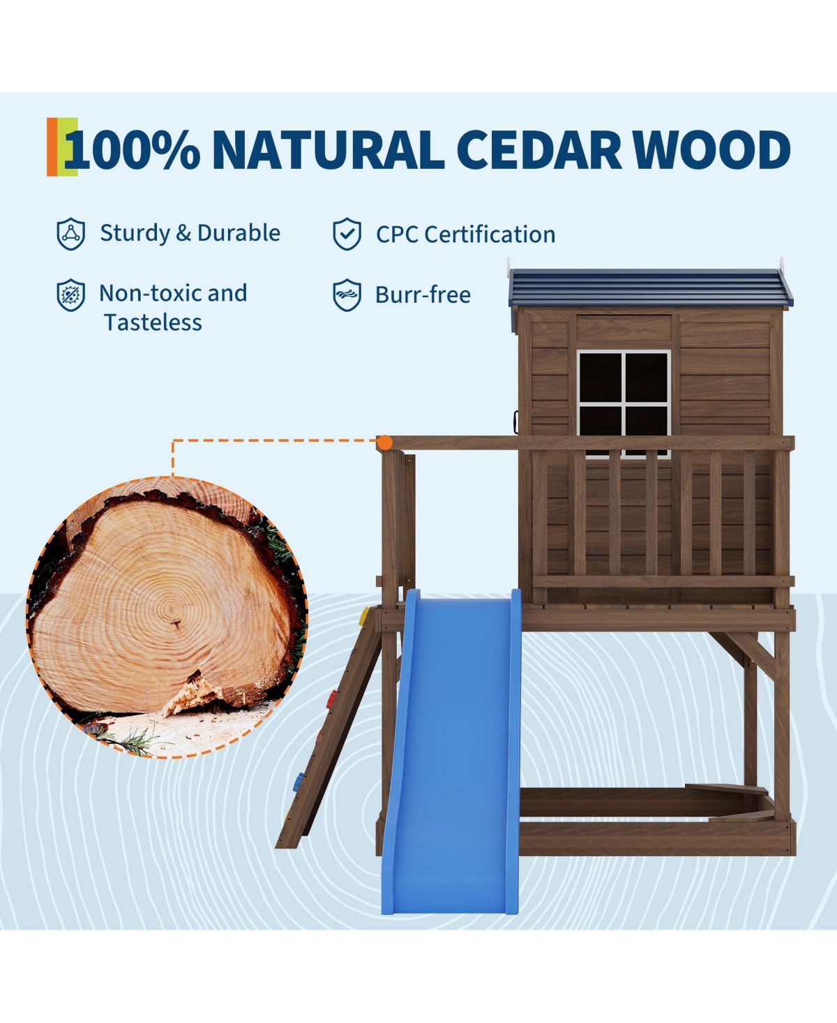 homfan Kids Outdoor Playhouse with Sandbox, 89 Inch 2 Story Wooden Playhouse with Slide and Step Ladder for Backyard