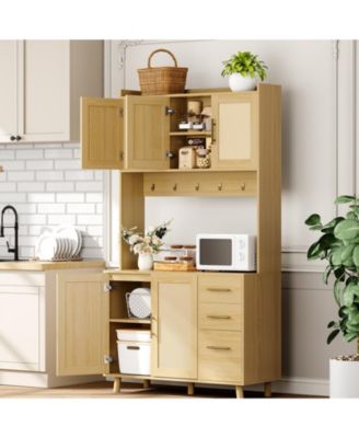 71-Inch Rattan Pantry Cabinet with Microwave Stand, 3 Drawers, Doors and Hooks, Boho Storage Hutch for Kitchen, Dining Room and Living Room