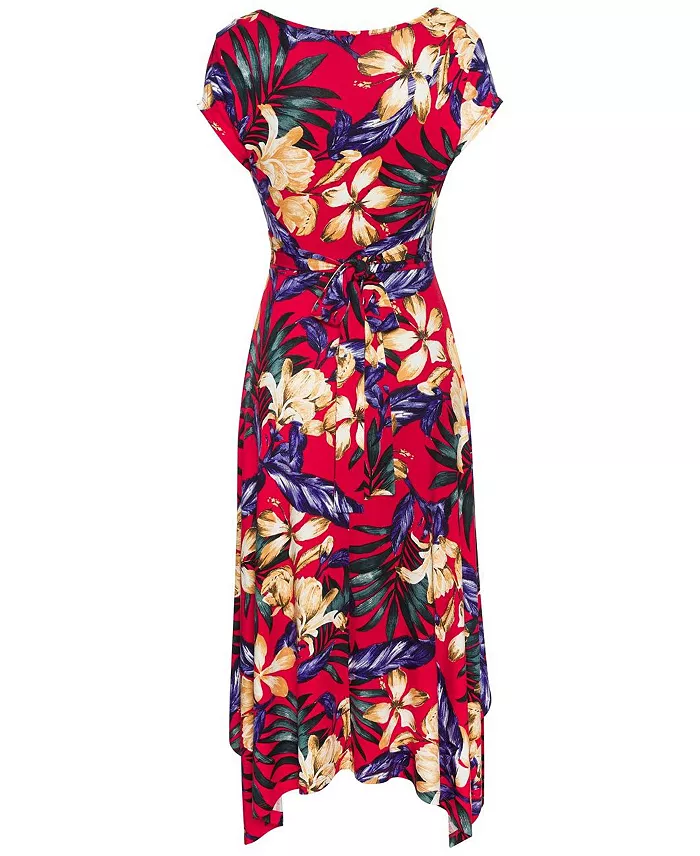 Women's Viscose Printed Handkerchief Hem V-Neck Tie-Waist Midi Dress - thumbnail 6