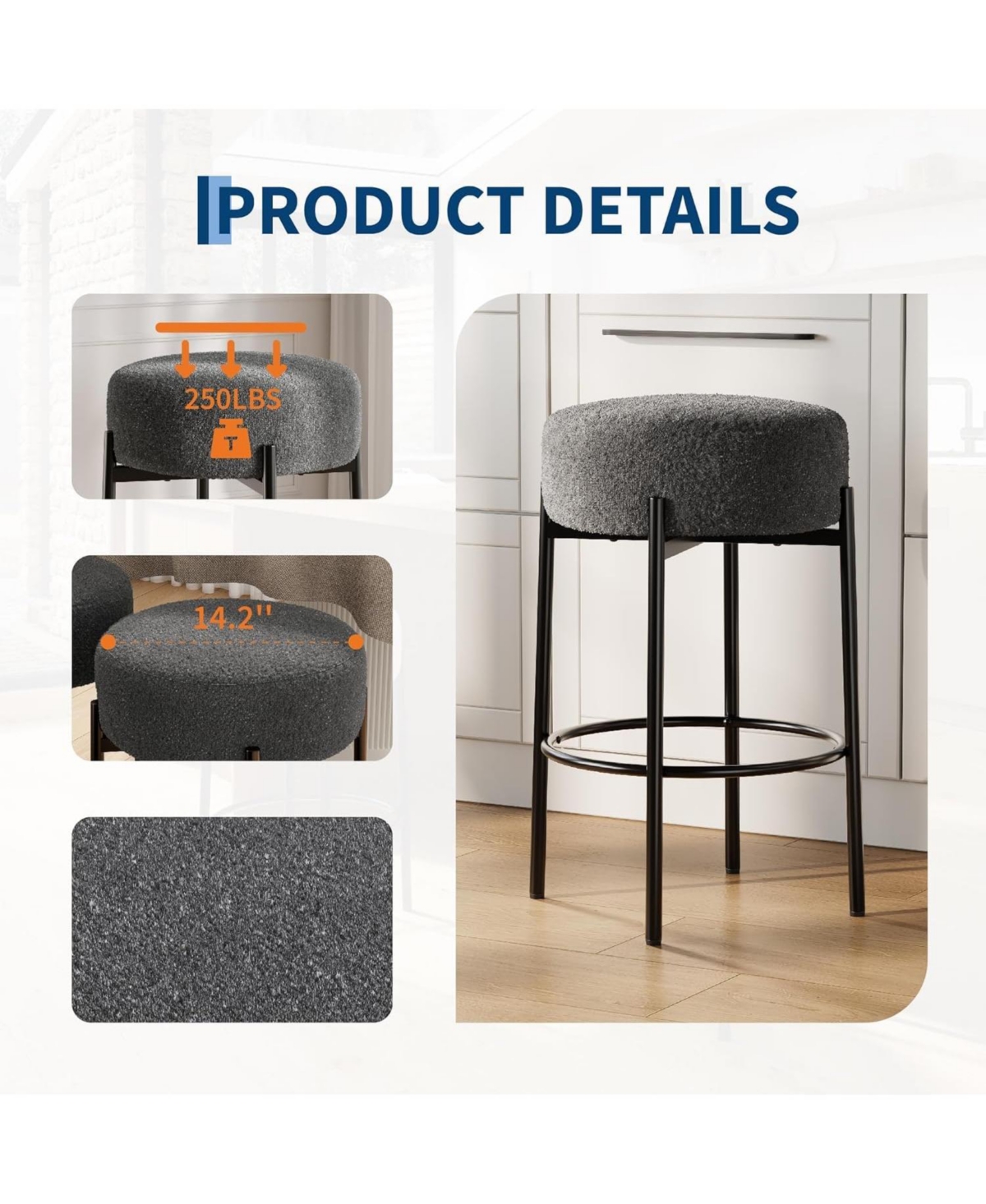 homfan Counter Height Bar Stool Set with Faux Fur Soft Seat for Kitchen Island Dining