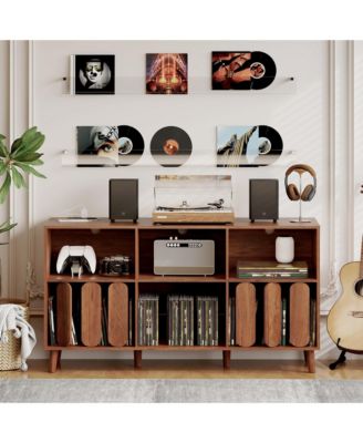 55.1" Wide Vinyl Record Player Stand with Power Outlets and USB, Storage Cabinet for 300 Plus Records