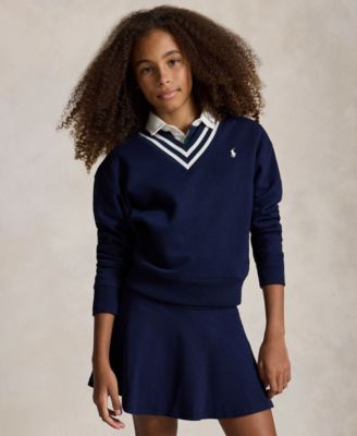 Girls' 7-16 Striped Fleece V-Neck Sweatshirt