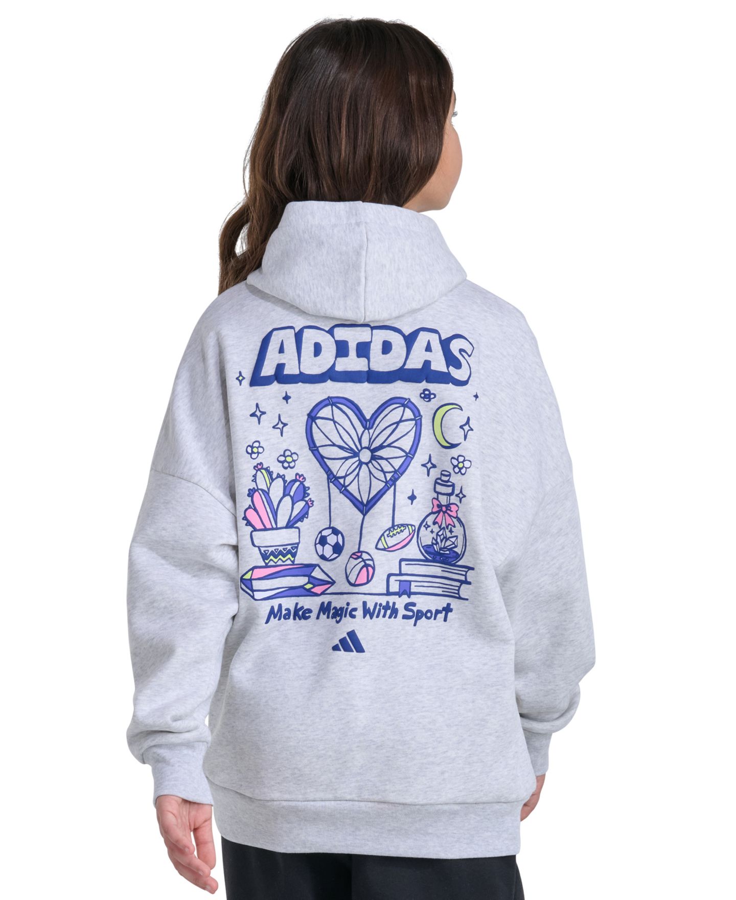 Худи adidas флисовое с капюшоном для девочек, принт, цвет: Светлый серый меланжевый — фото 4