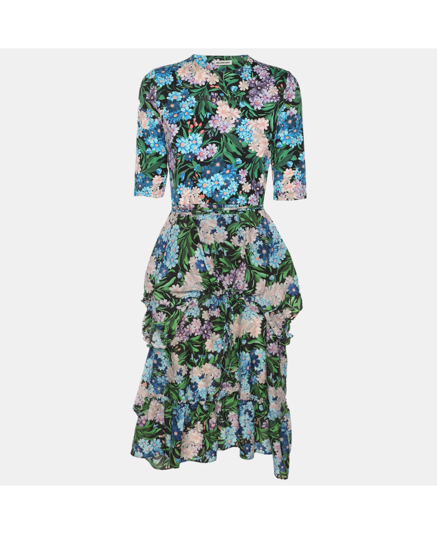 Women's Floral Print Ruffled Drawstring Midi Dress