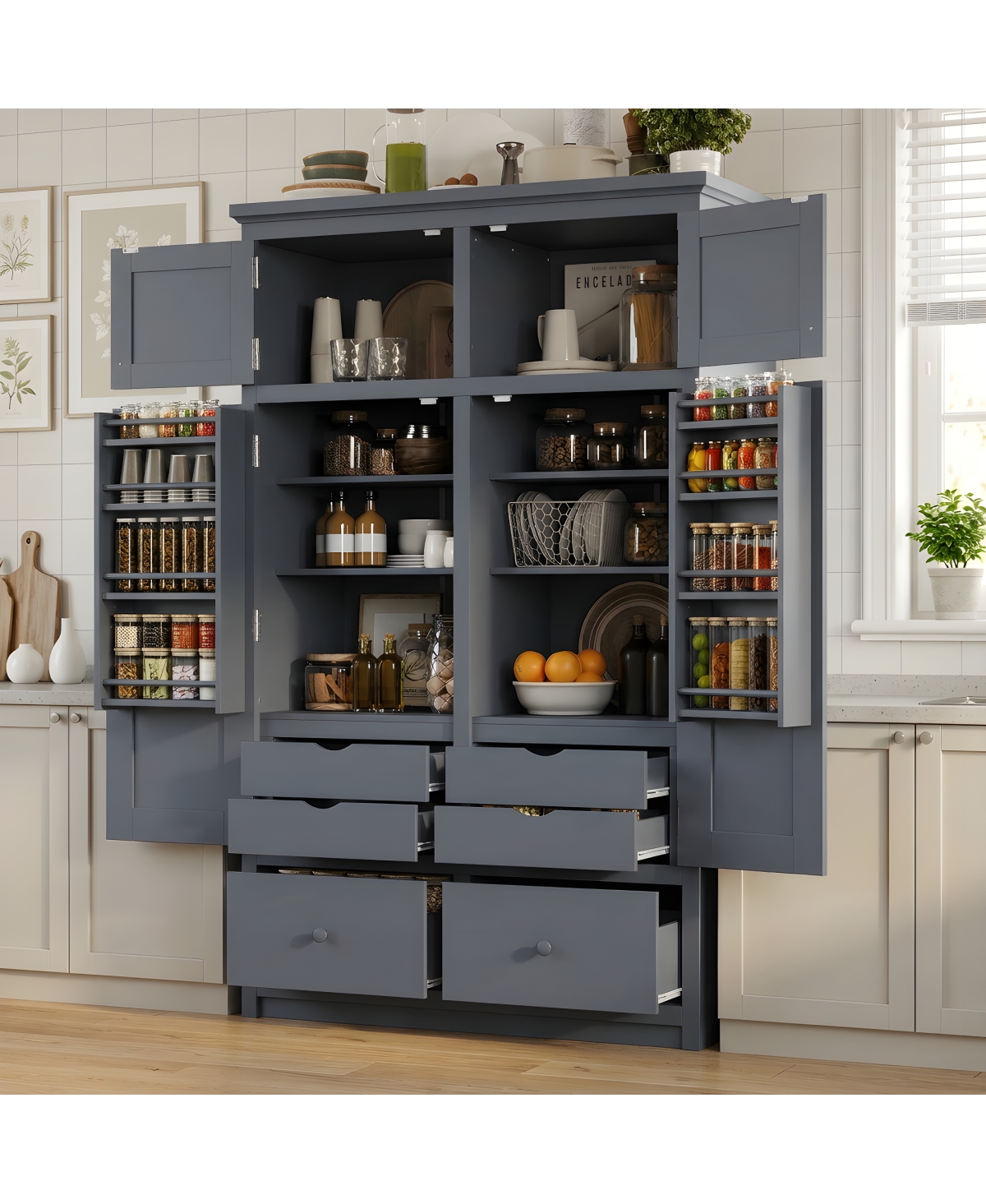 Streamdale Furniture Freestanding Kitchen Pantry Cabinet with 8 Door Shelves and 6 Drawers