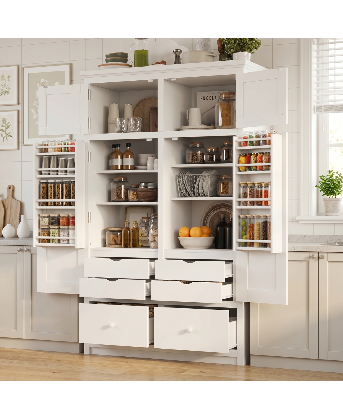 Streamdale Furniture Freestanding Kitchen Pantry Cabinet with 8 Door Shelves, 4 Trays and 6 Drawers