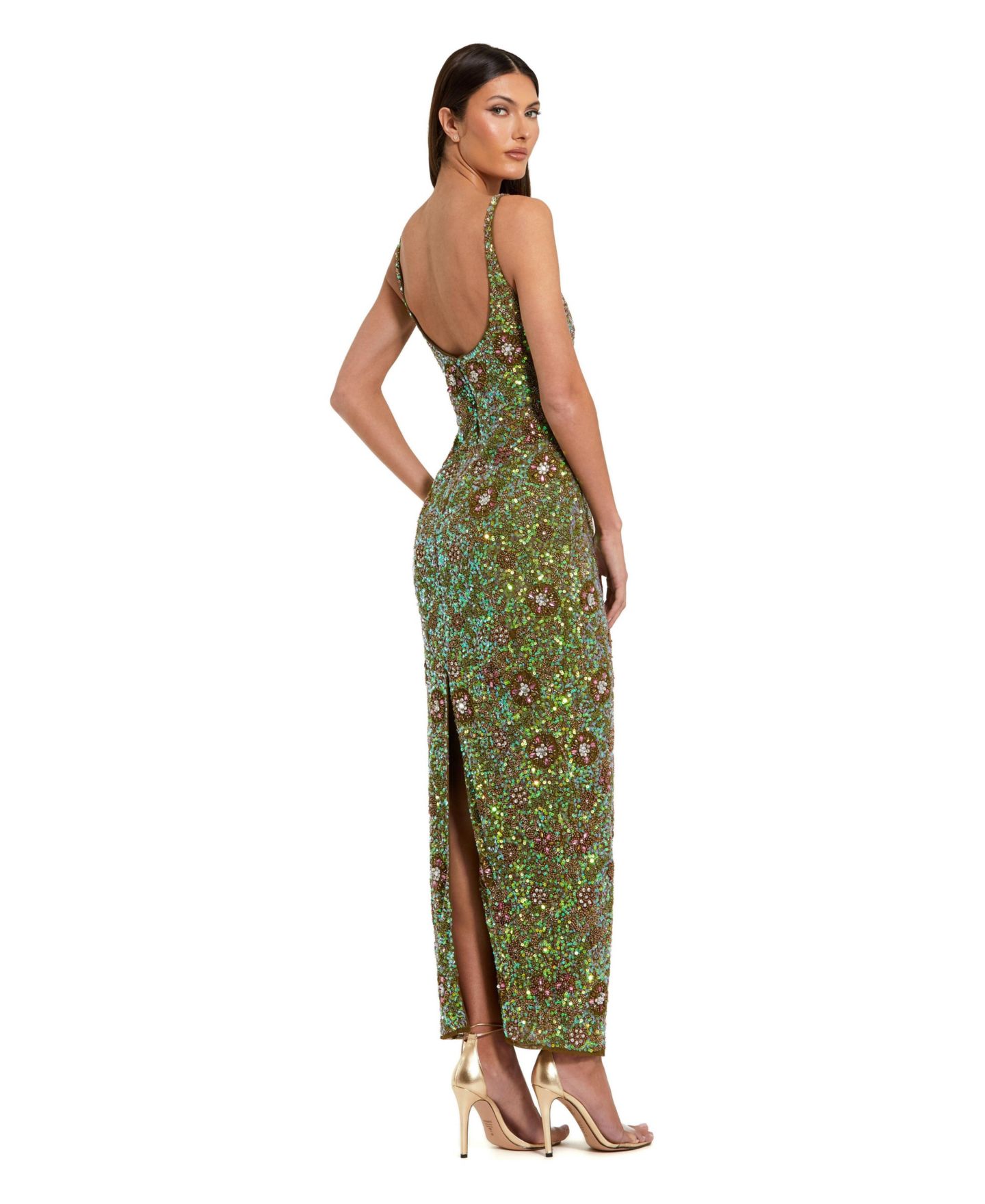 Женское платье Mac Duggal Petite Sleeveless Hand Beaded Floral Midi, цвет: Оливковый — фото 2