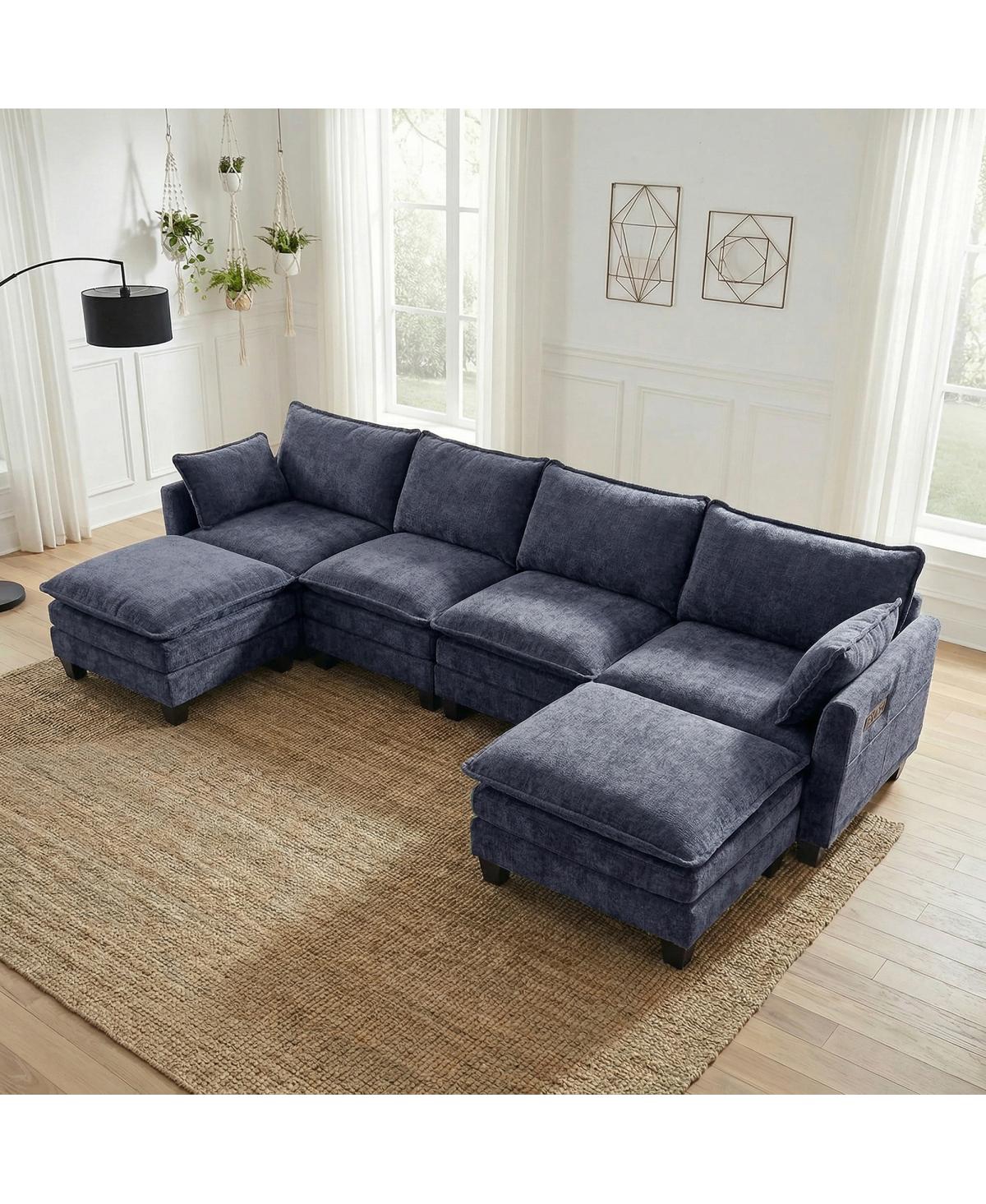 Streamdale Furniture Modern Chenille 3-Seat Sofa with Ottoman, Usb Ports and Side Pockets