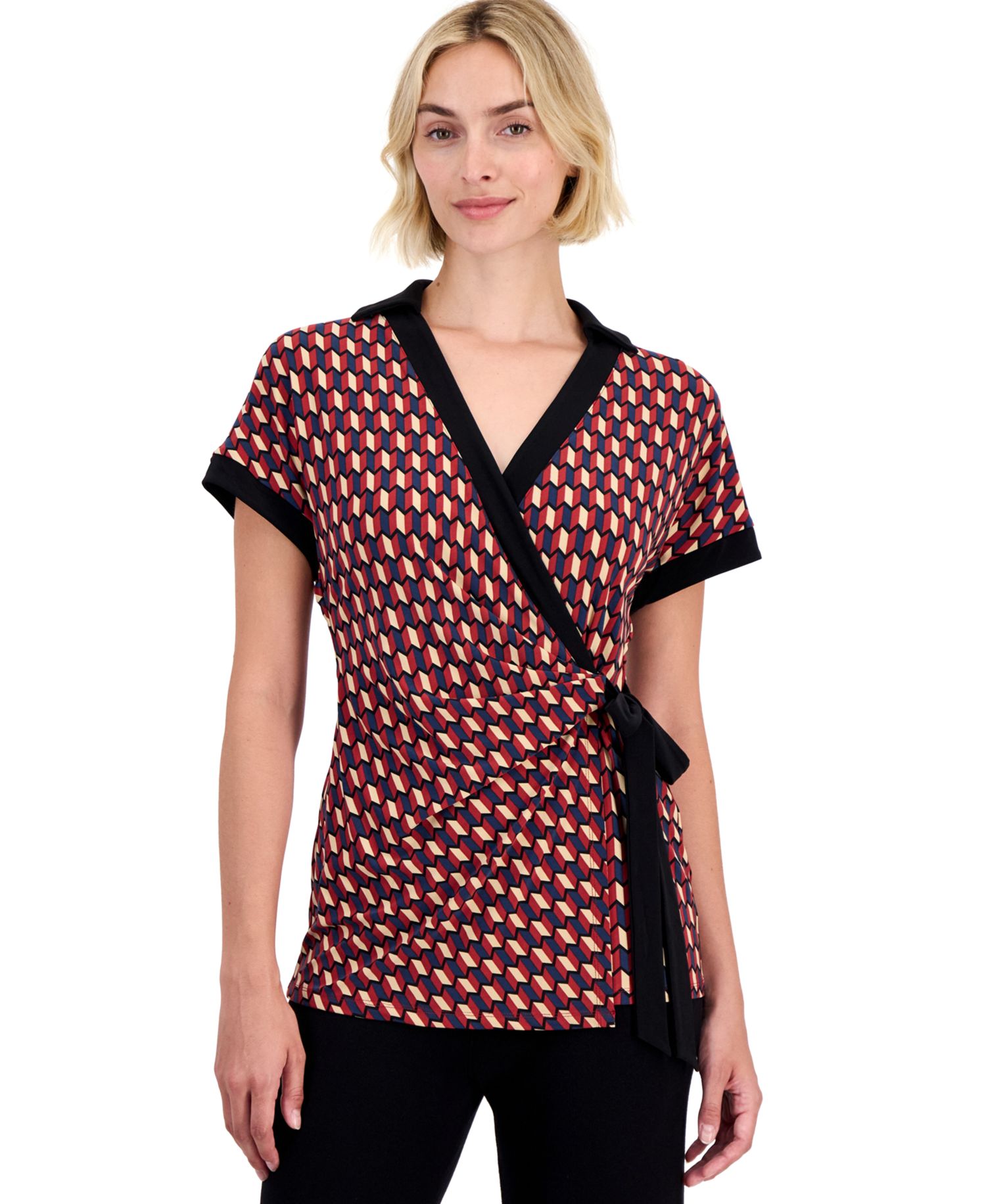 Petite Tie Faux-Wrap Collared Surplice Top