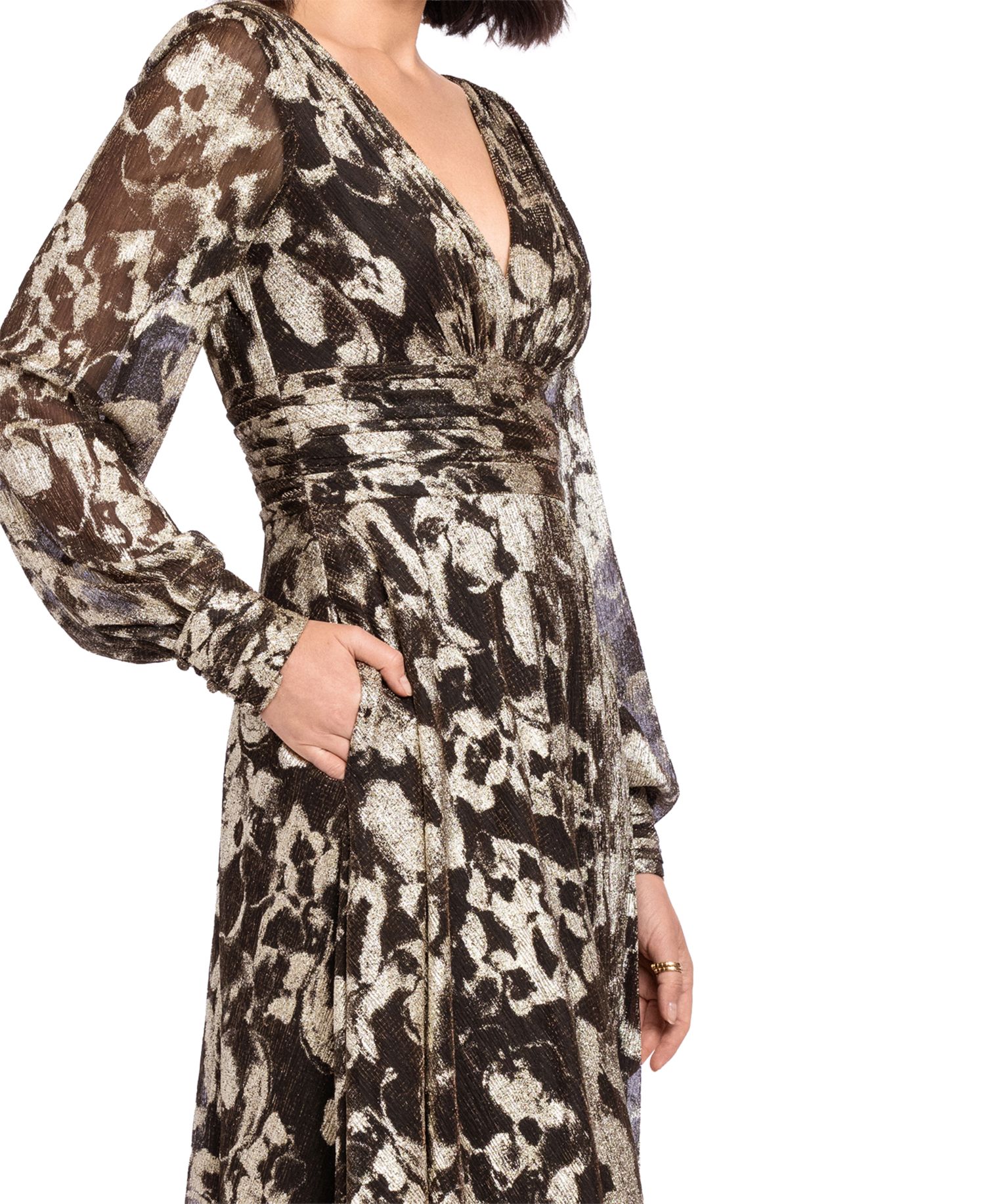 Women's Metallic V-Neck Ruched-Waist Gown