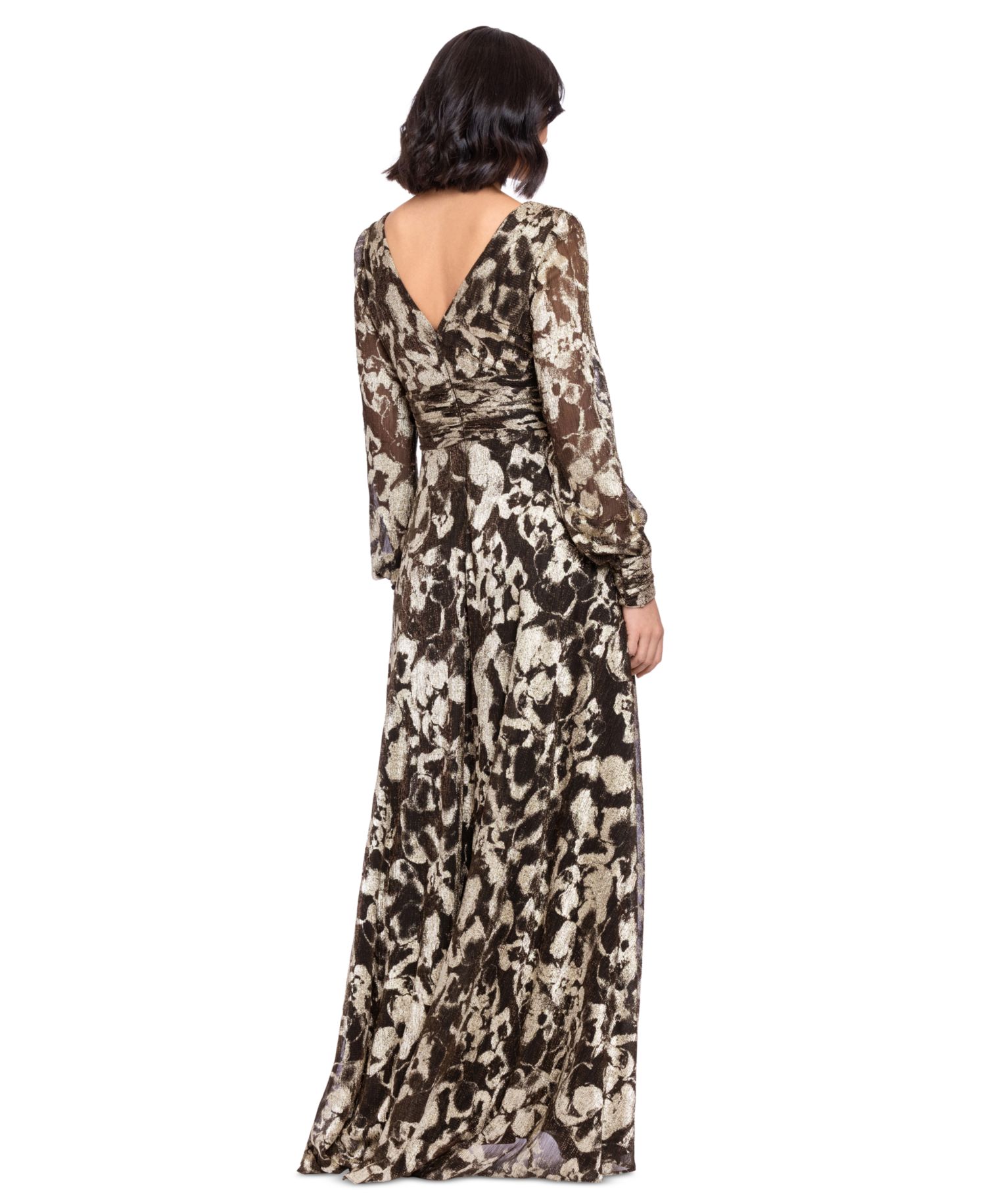 Women's Metallic V-Neck Ruched-Waist Gown