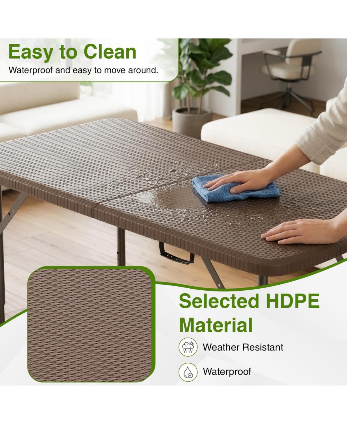 Aofar 4feet Folding Table Portable Plastic Carry Handle Lock Rattan Events Camping Outdoor