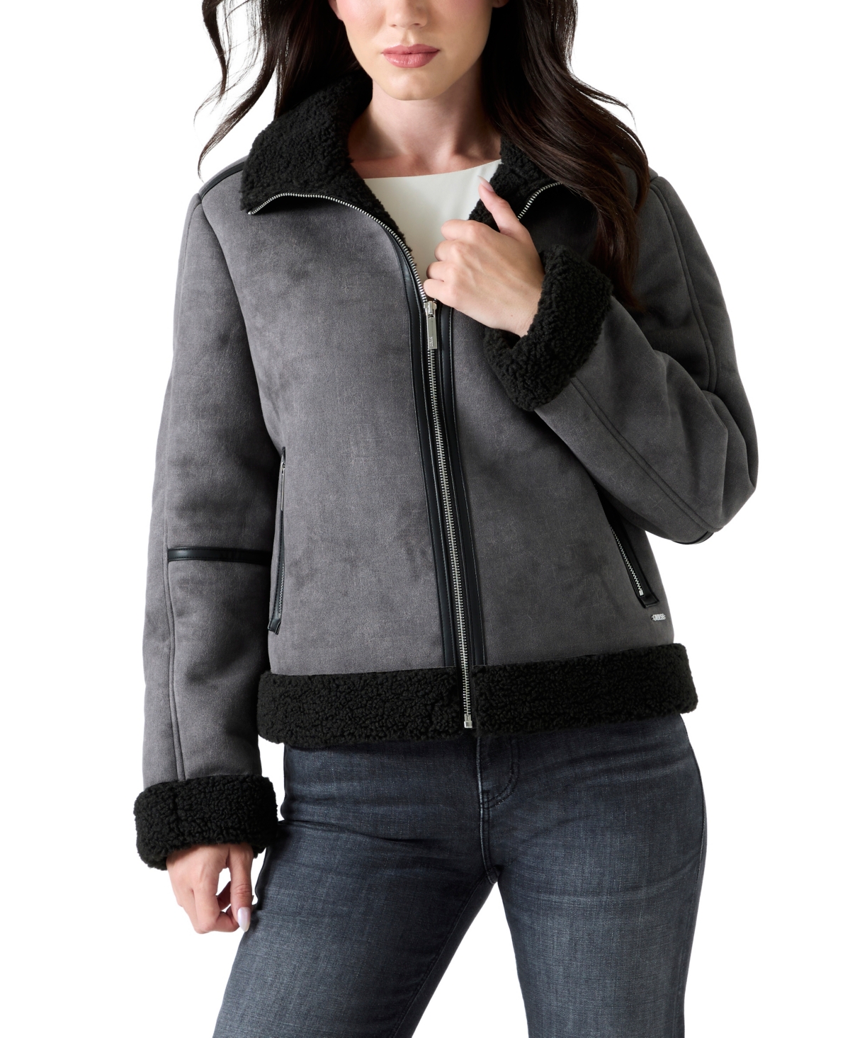 Guess Women's Faux Shearling Zip Up Jacket