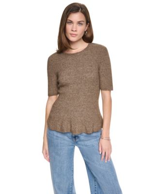 Women's Crewneck Elbow-Sleeve Peplum Sweater