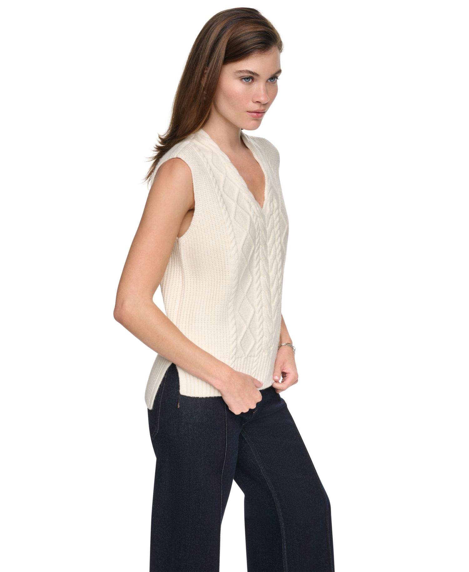 Women's Cable-Knit V-Neck Hi-Low Sweater