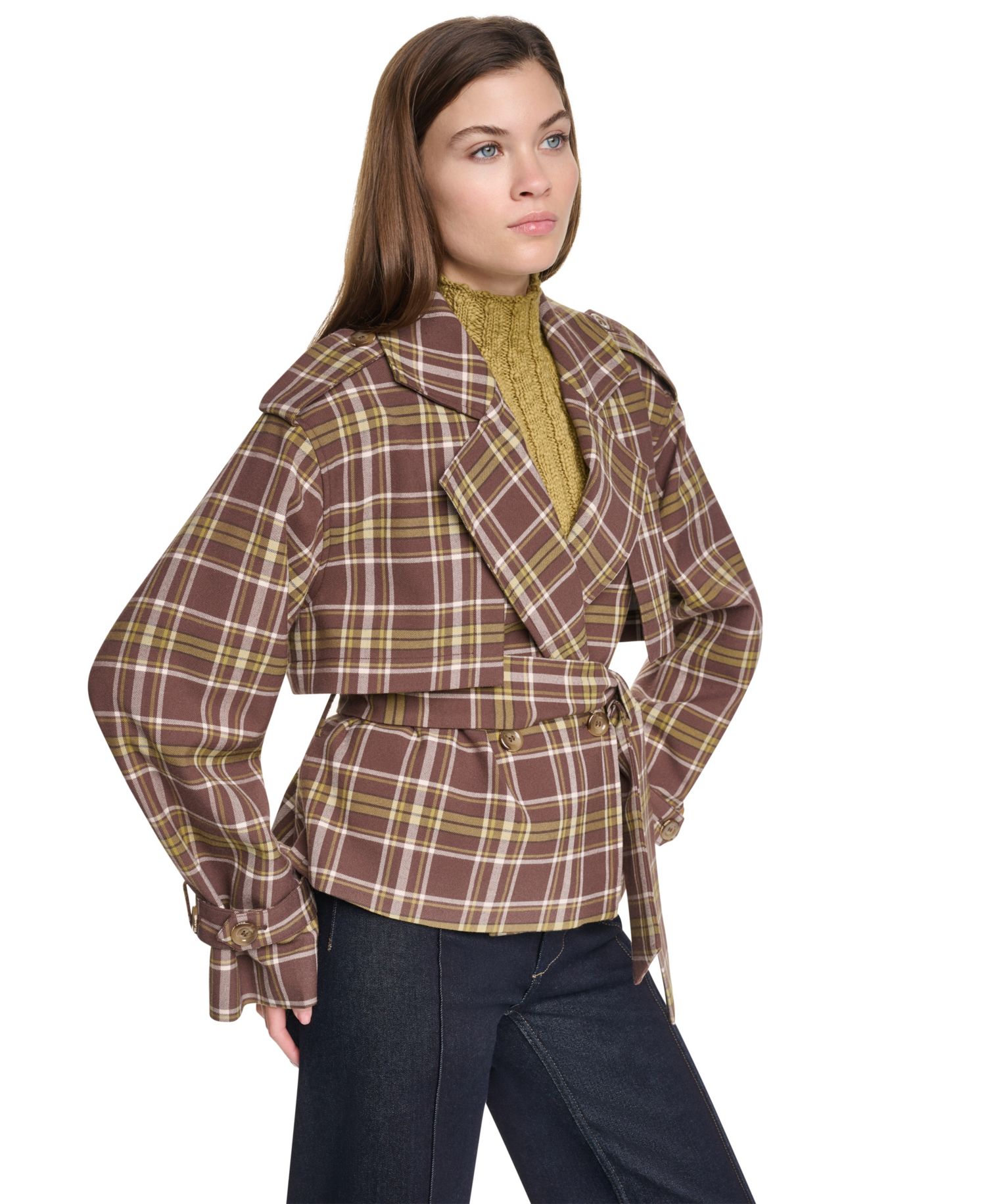 Women's Plaid Double-Breasted Short Trench Jacket