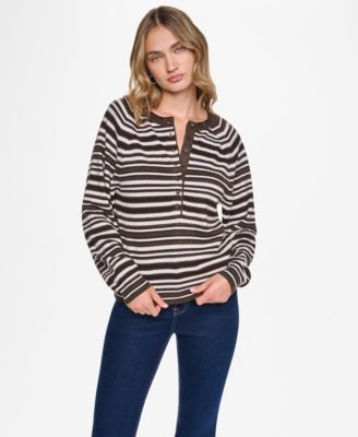 Women's Striped Long-Sleeve Henley Sweater