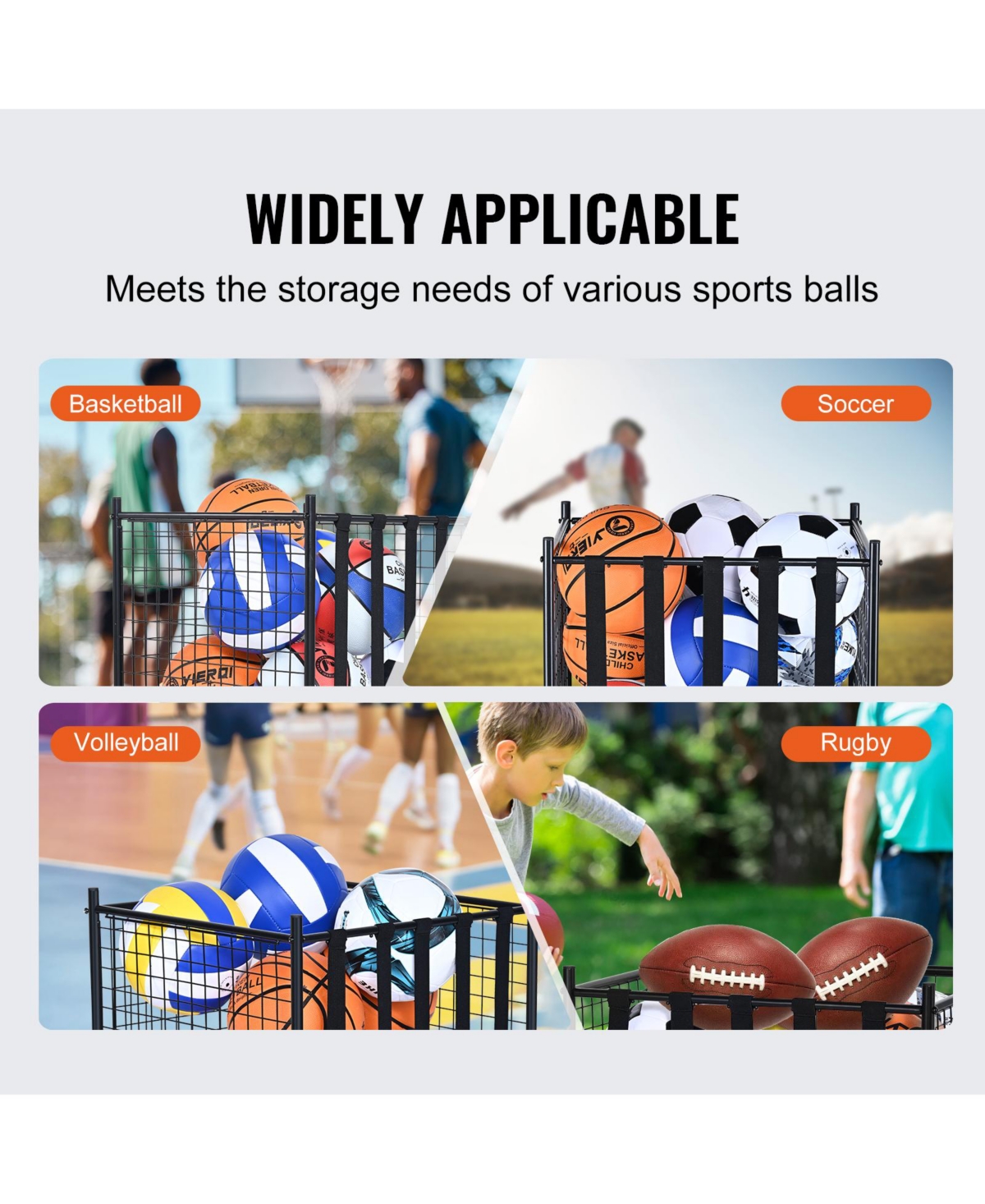 Vevor Rolling Sports Ball Storage Cart Garages Sports Equipment Organizer Steel