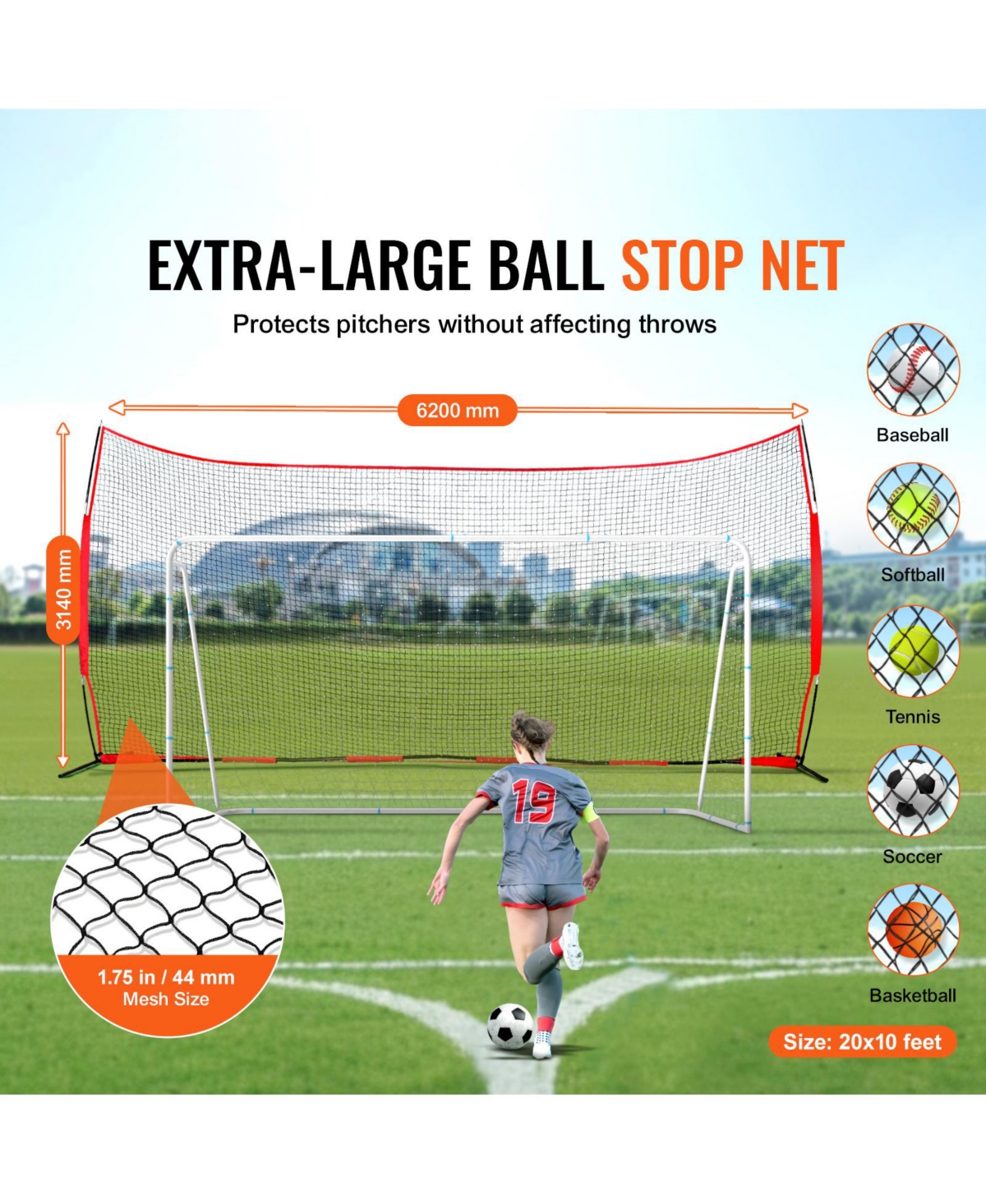 Vevor Barricade Backstop Net Ball Sports Barrier Softball Practice Net 20x10ft