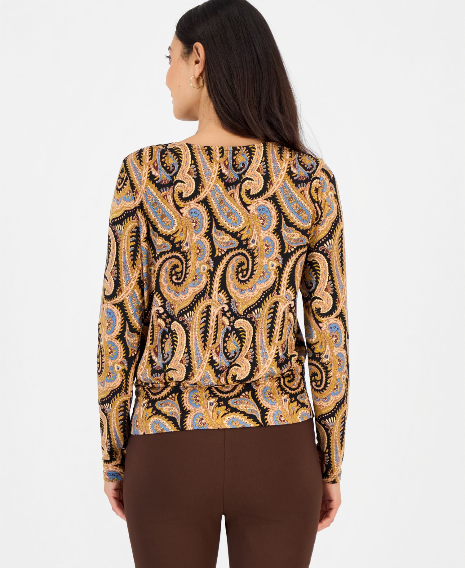 Petite Long-Sleeve V-Neck Paisley Blouse