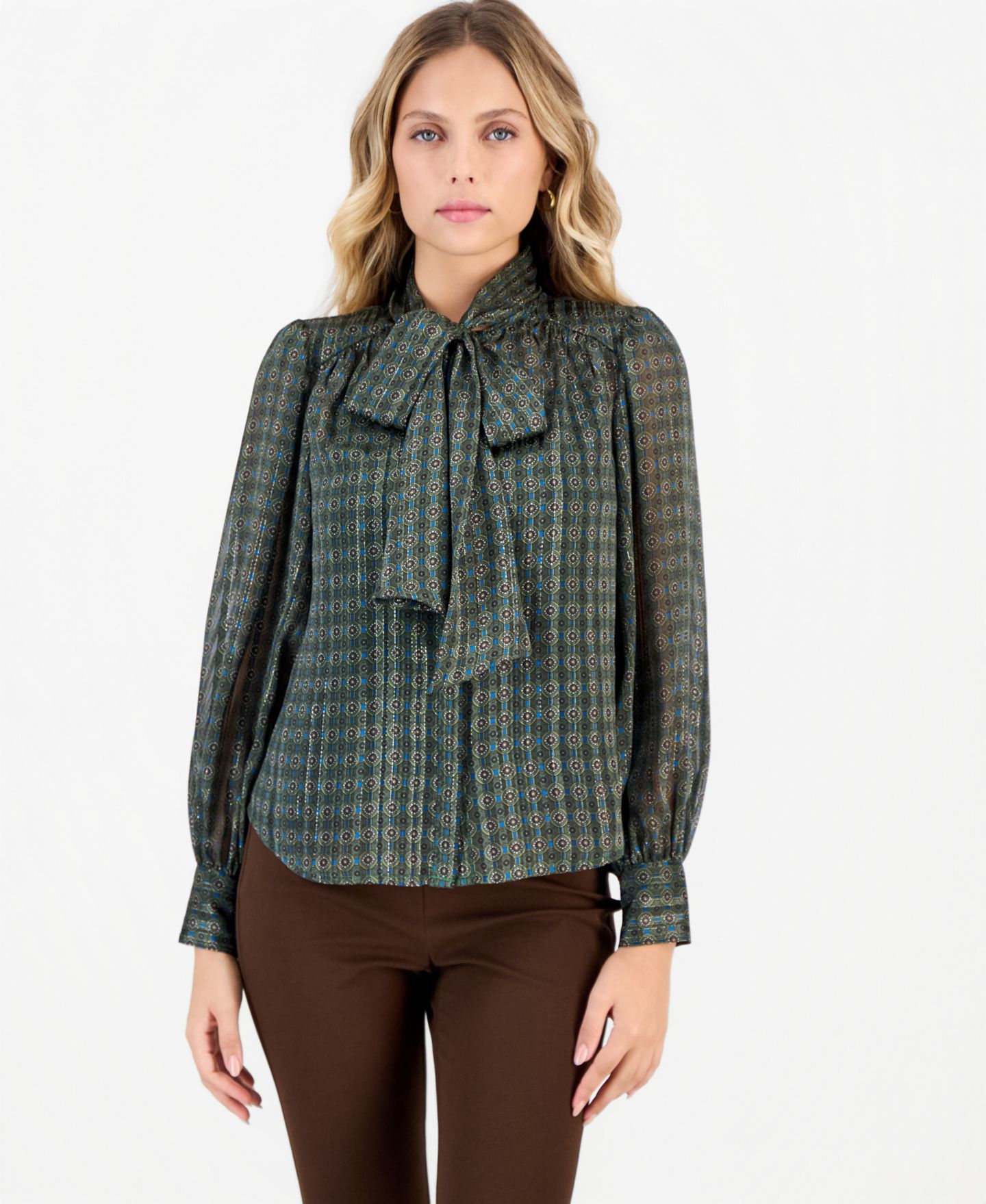 Женская блузка I.N.C. International Concepts Petite Long-Sleeve Woven Geometric-Print, цвет: Зелёный — фото 1