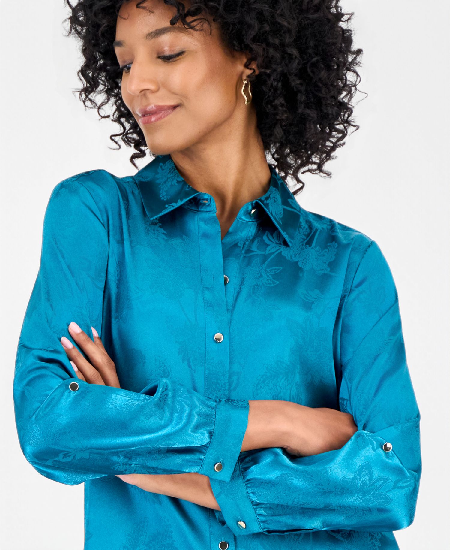 Women's Floral Jacquard Roll-Tab Long-Sleeve Blouse