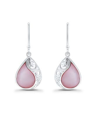 Pink Shell Inlay Fine Silver-Plated Teardrop Filagree Fishhook Earrings