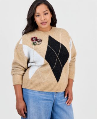 Plus Size Argyle Crewneck Rhinestone Patch Appliqu&eacute; Sweater