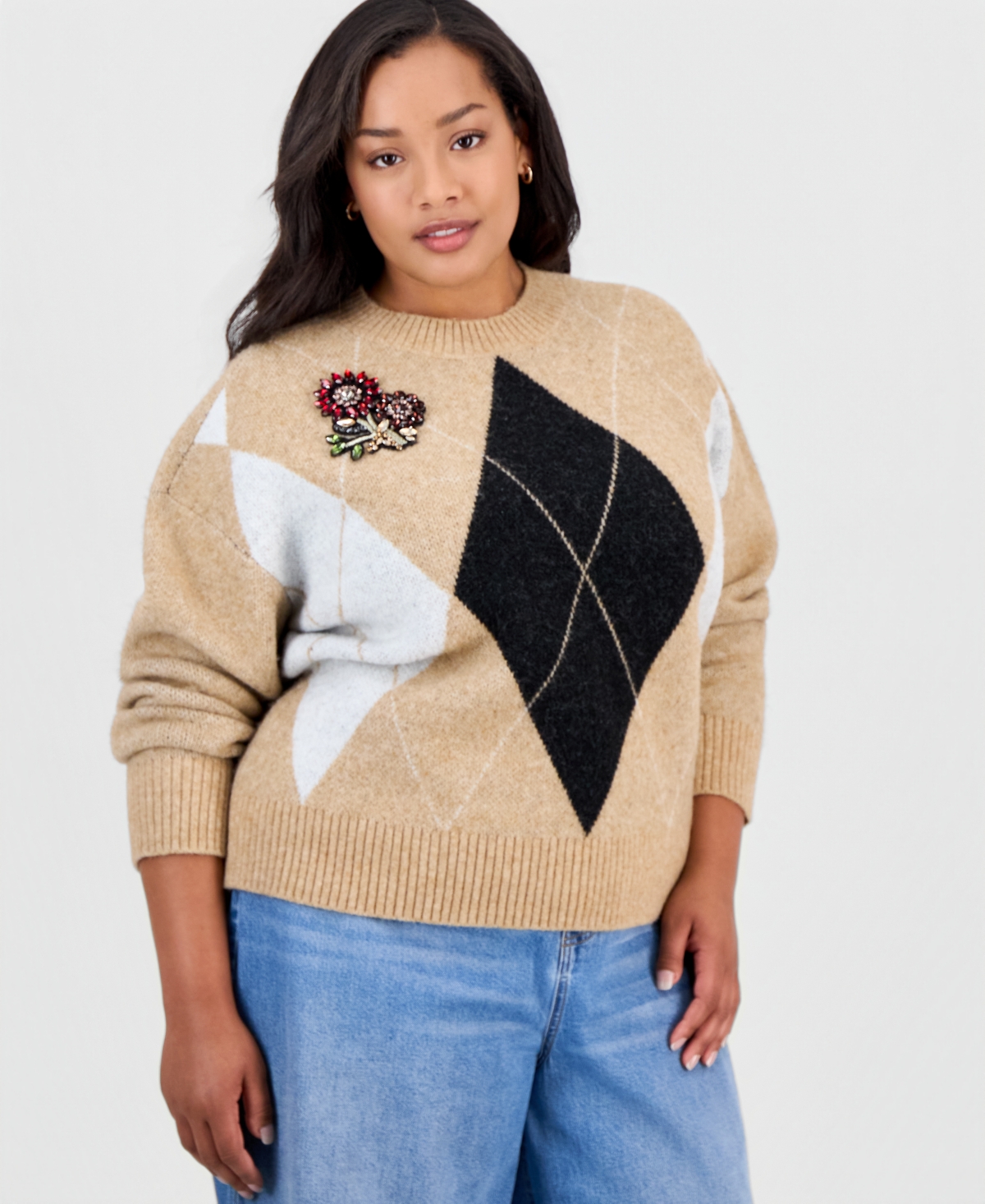 On 34th Plus Argyle Crewneck Rhinestone Patch Applique Sweater, Macy's Exclusive