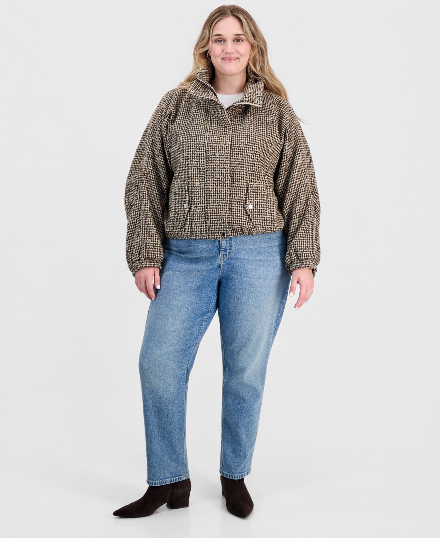 Plus Size Plaid Cropped Puffer Jacket