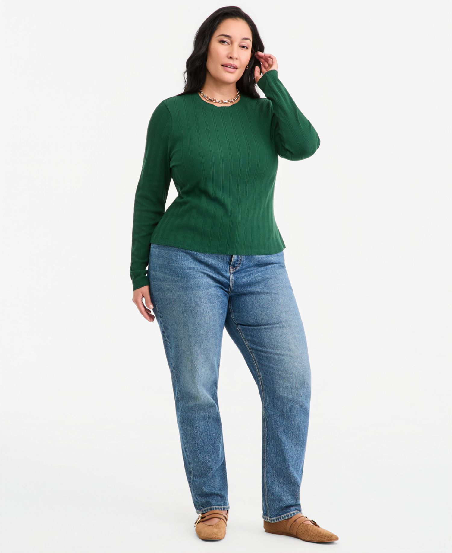 Plus Size Long-Sleeve Pointelle Cropped Meet & Greet T-Shirt