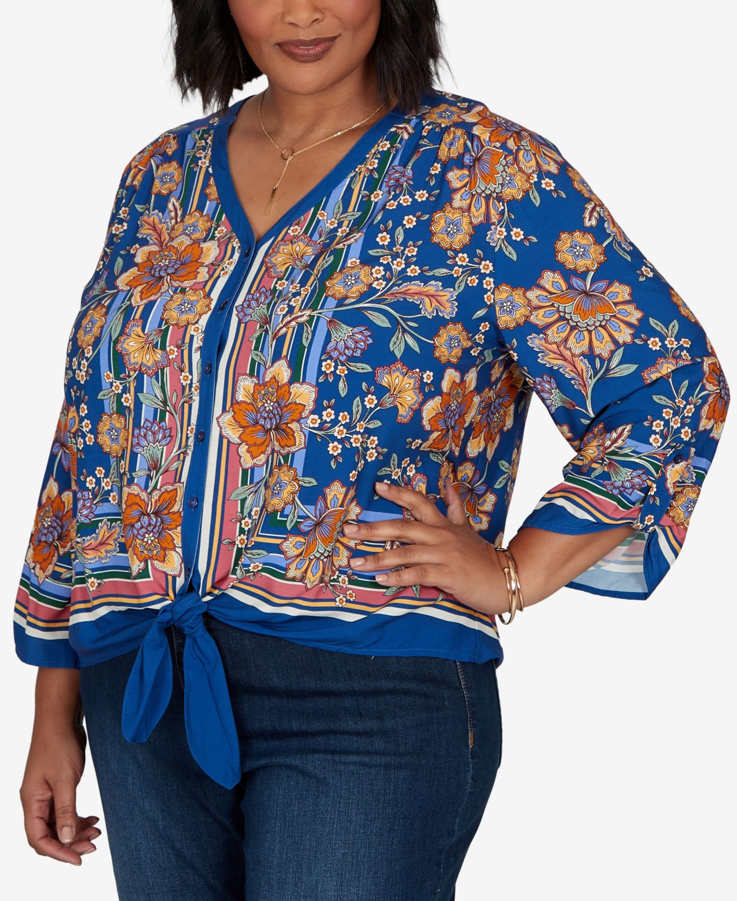 Plus Size Floral Vines Tied Button-Front Blouse