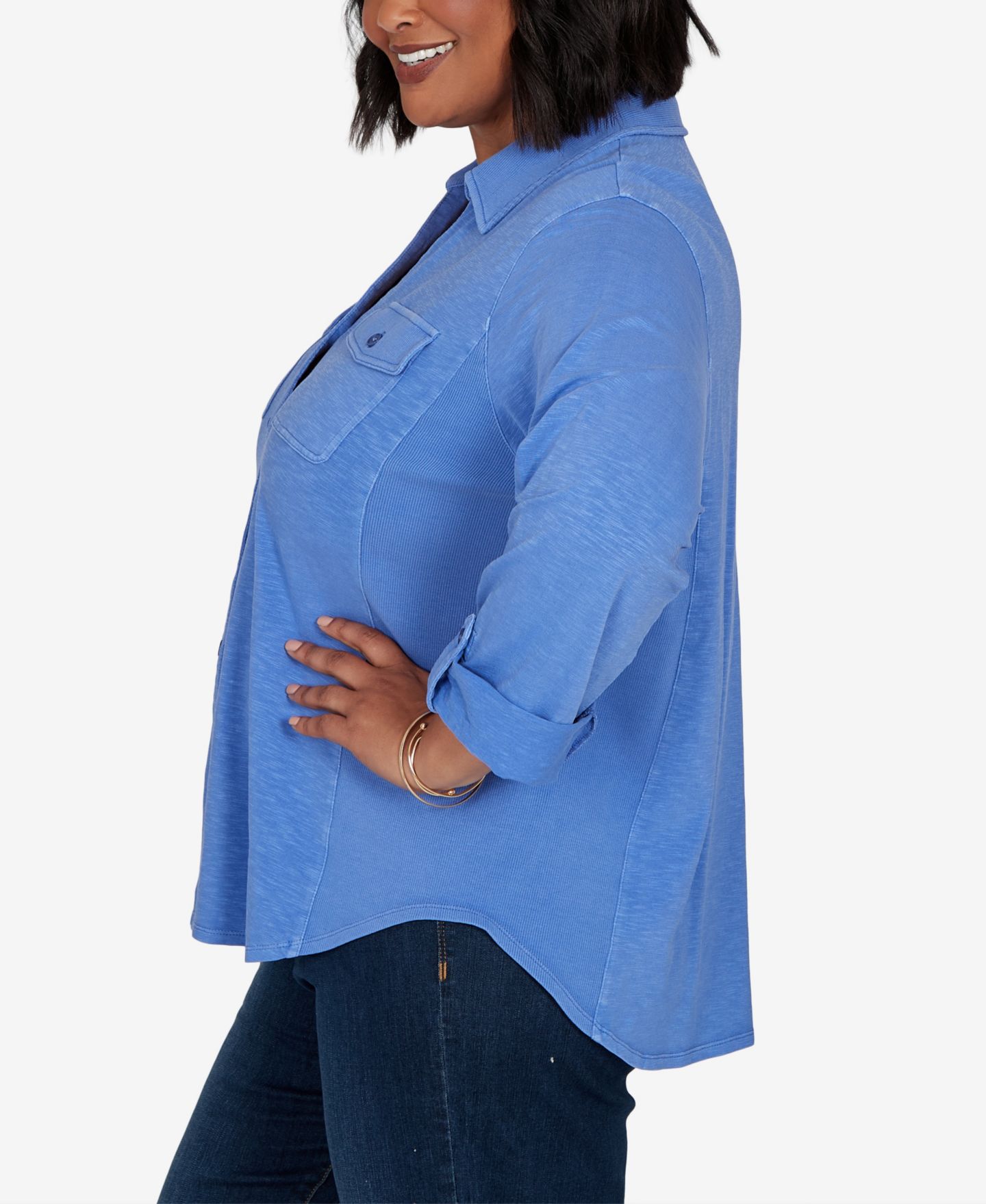 Женский топ Ruby Rd. Plus Size Rib Trim Button-Front Knit, цвет: Blubird — фото 3