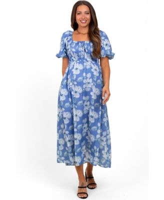 Women's Blue Multi Printed Floral Square Neck Midi Dress