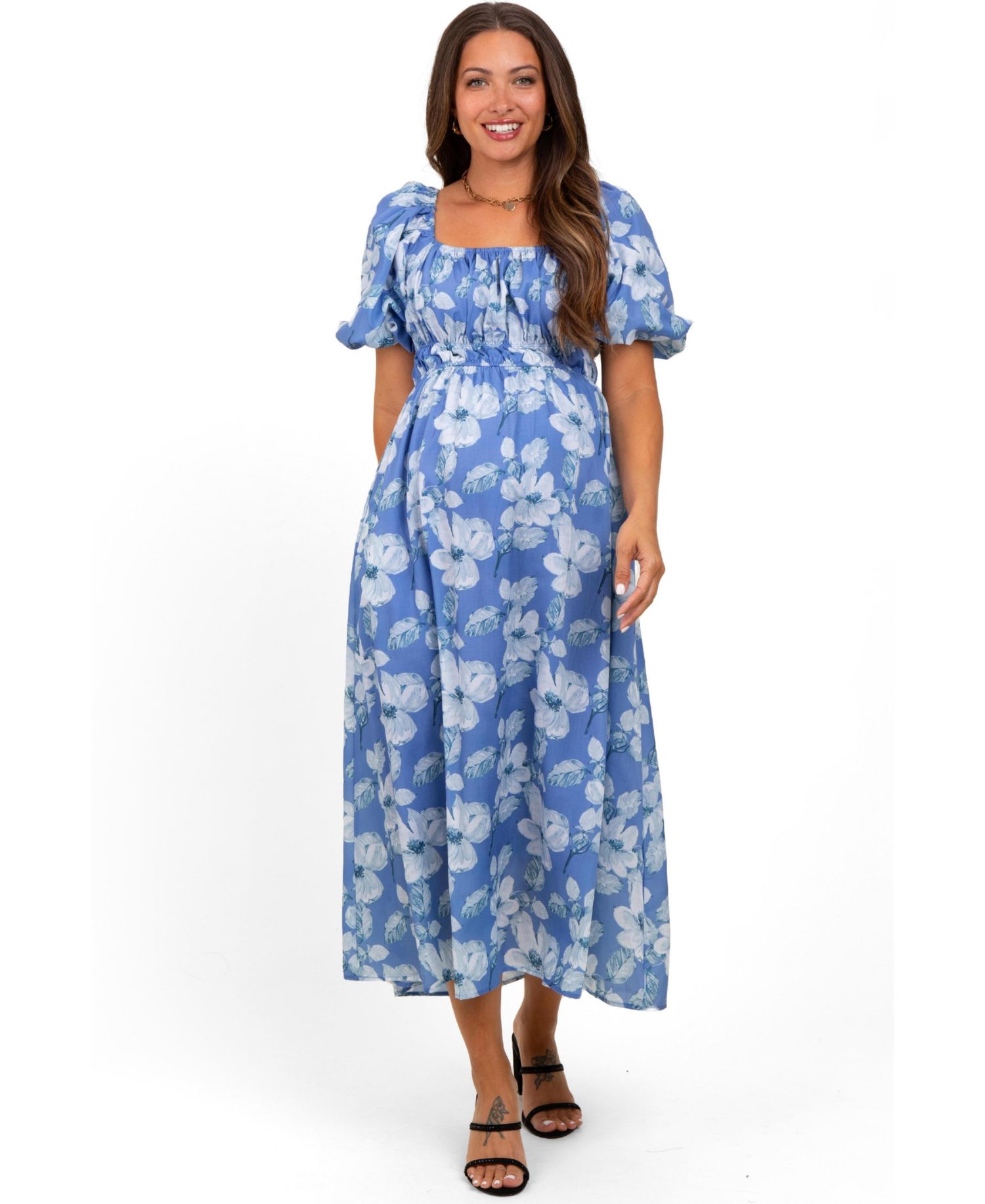 Women's Blue Multi Printed Floral Square Neck Midi Dress