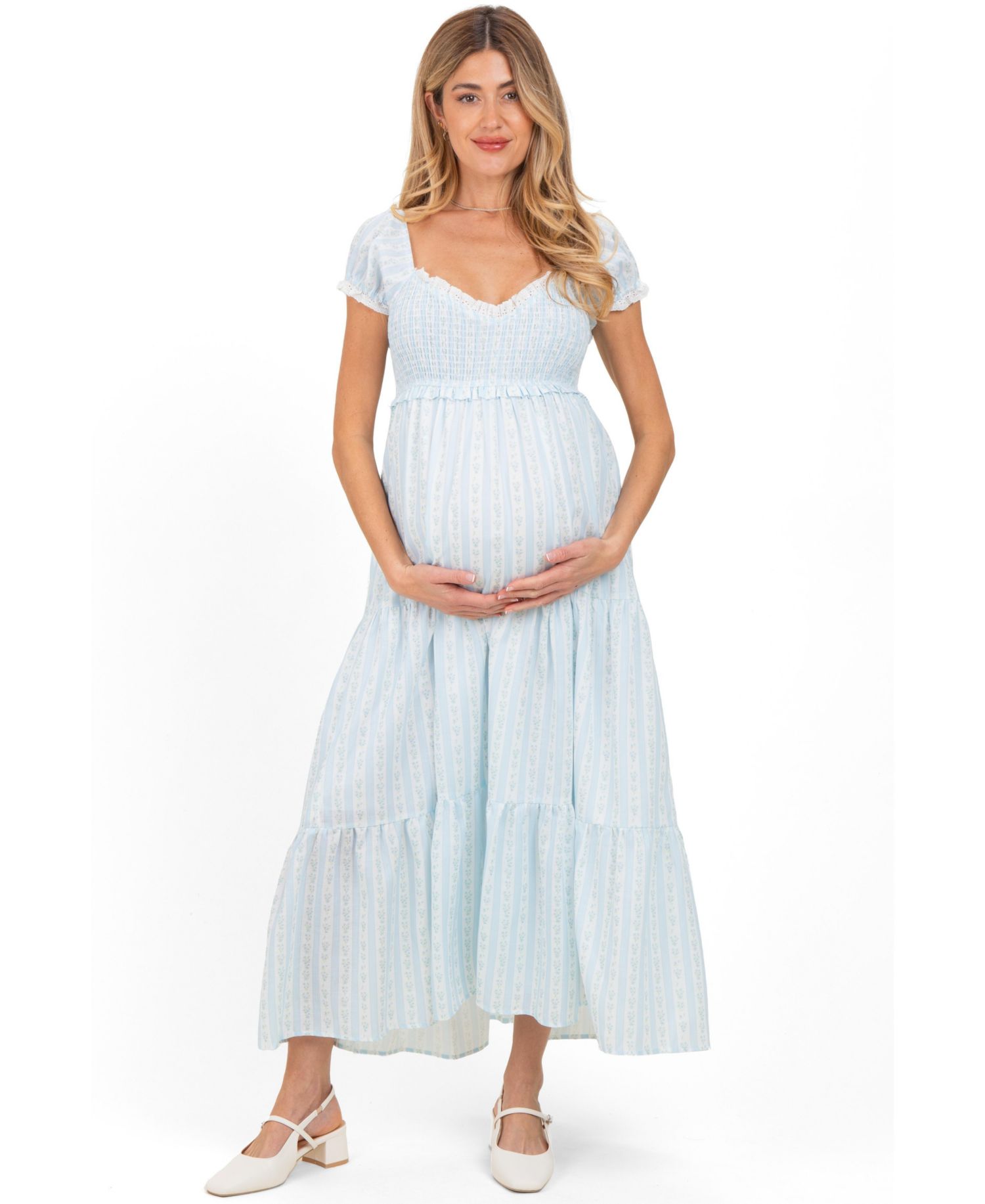 Women's Light Blue Floral Lace Trim Tiered Maxi Dress