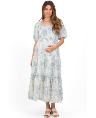 Women's Blue Vintage Floral Puff Sleeve Tiered Maxi Dress