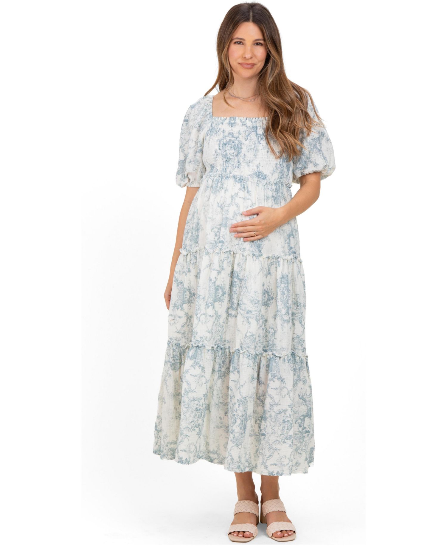 Women's Blue Vintage Floral Puff Sleeve Tiered Maxi Dress